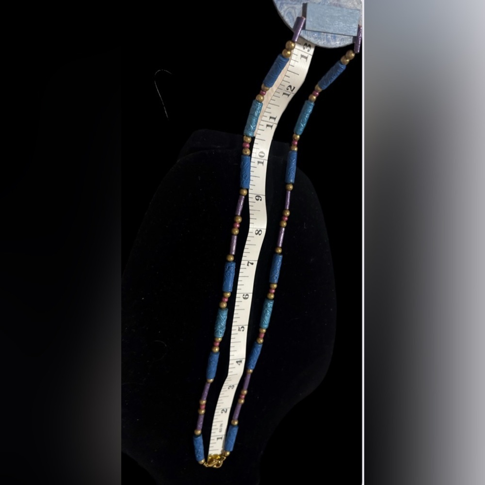 Long Necklace Handcrafted Wood Or Paper w/ Beaded Chain. Blue Boho Approx 26” - Picture 5 of 5